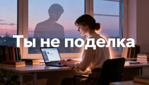 Молодая женщина за рабочим столом и её полупрозрачная тень, символизирующая синдром самозванца