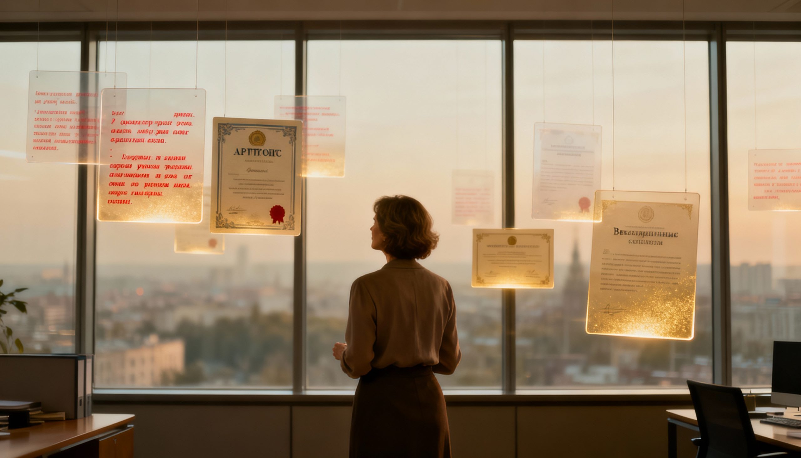 Женщина у стеклянной стены офиса смотрит на полупрозрачные карточки с достижениями и самокритикой