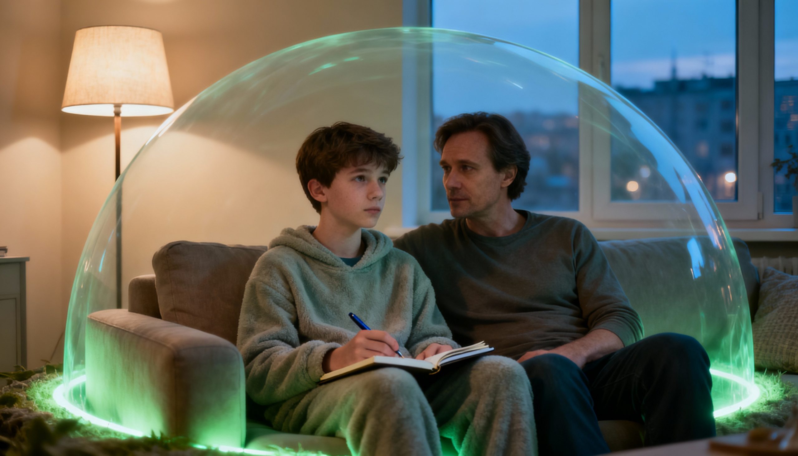 Родитель и подросток сидят рядом на диване в уютной гостиной, вокруг них мягкое свечение как символ безопасного пространства