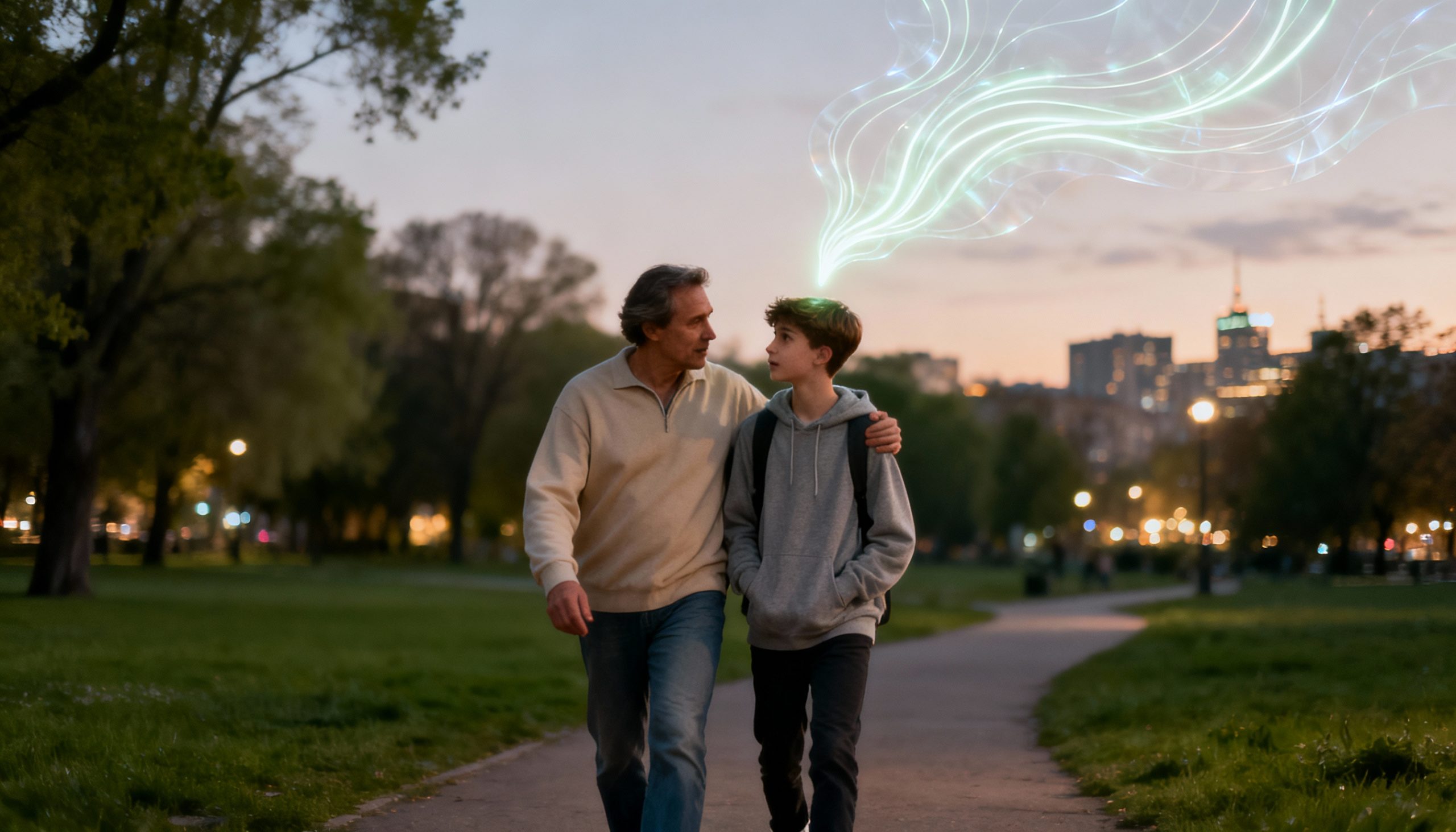 Родитель и подросток идут рядом по дорожке в вечернем парке и разговаривают, вокруг мягкий свет фонарей