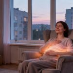 Женщина вечером сидит в кресле у окна и спокойно дышит, от области сердца расходятся мягкие световые волны