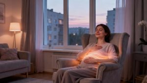 Женщина вечером сидит в кресле у окна и спокойно дышит, от области сердца расходятся мягкие световые волны