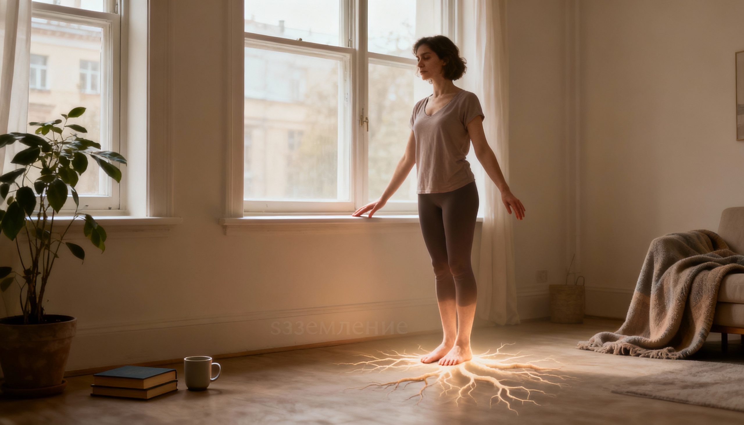 Женщина босиком стоит у окна, уверенно опираясь на пол, вокруг предметов в комнате мягкое свечение