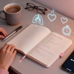 Вид сверху на стол с открытым блокнотом, кружкой с напитком, телефоном в режиме не беспокоить и мягким светом свечи