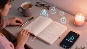 Вид сверху на стол с открытым блокнотом, кружкой с напитком, телефоном в режиме не беспокоить и мягким светом свечи